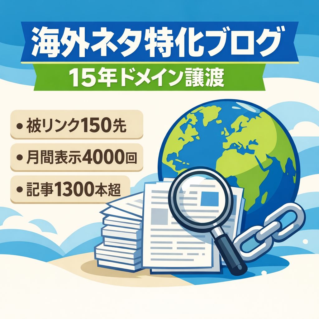 【1300記事超・運用15年】月4000回表示の海外ネタ特化ブログ｜被リンク150ドメイン超の強力SEO資産