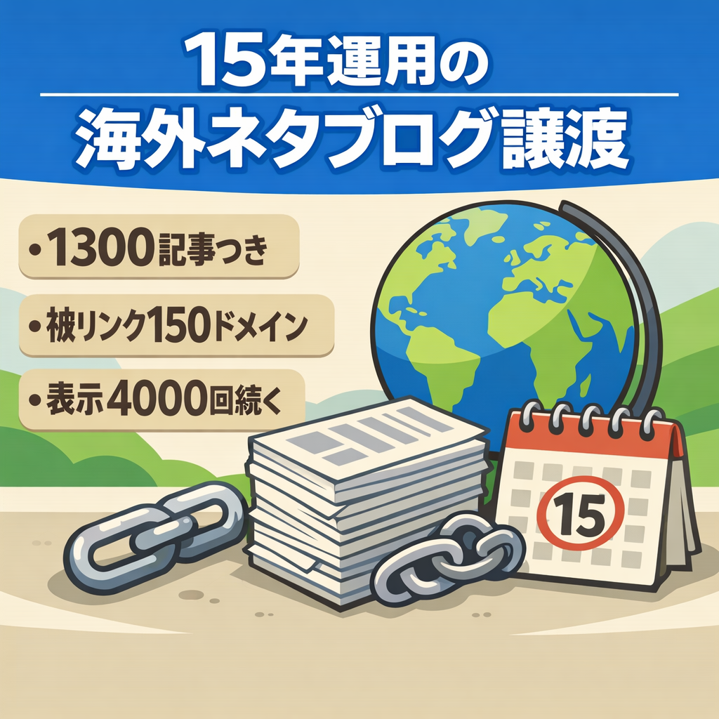 【7万・最終価格】1300記事・運用15年の海外ネタブログ｜ドメイン資産と記事素材の譲渡