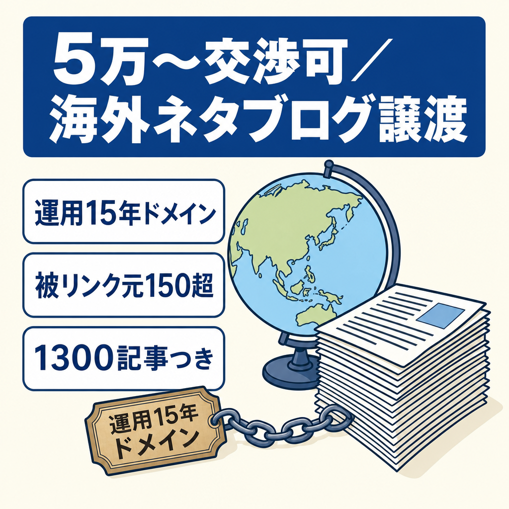 【5万〜指値・価格交渉OK】1300記事・運用15年の海外ネタブログ｜ドメイン資産と記事素材の譲渡