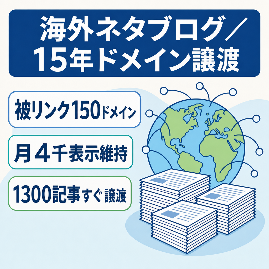 【売切5万・最終価格】1300記事・運用15年の海外ネタブログ｜ドメイン資産と記事素材の譲渡