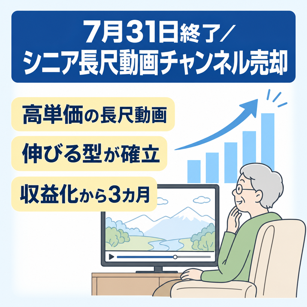 【7月31日終了・RPM700円】月12万〜20万収益のシニア系チャンネル