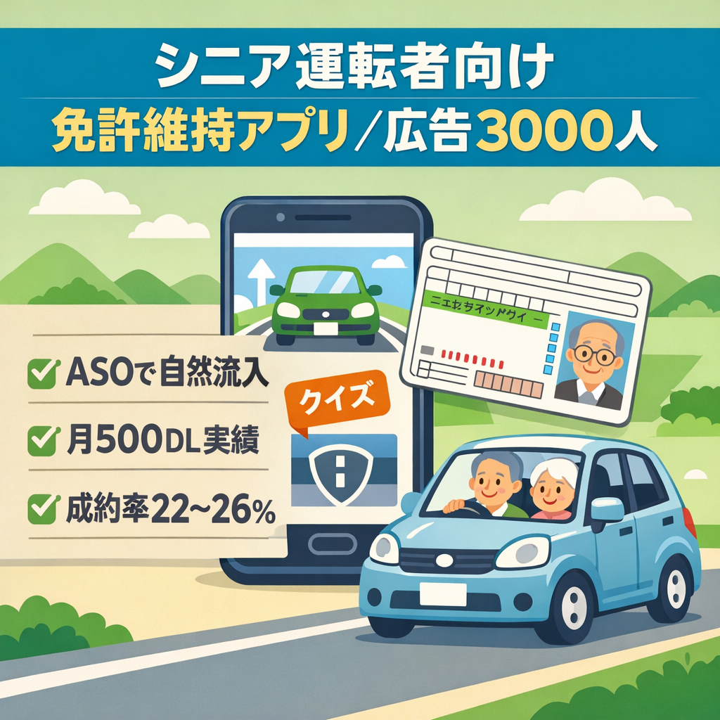 【3000人以上へ自社広告展開可能】高齢ドライバーの免許維持に特化したiOS＆Androidアプリ譲渡