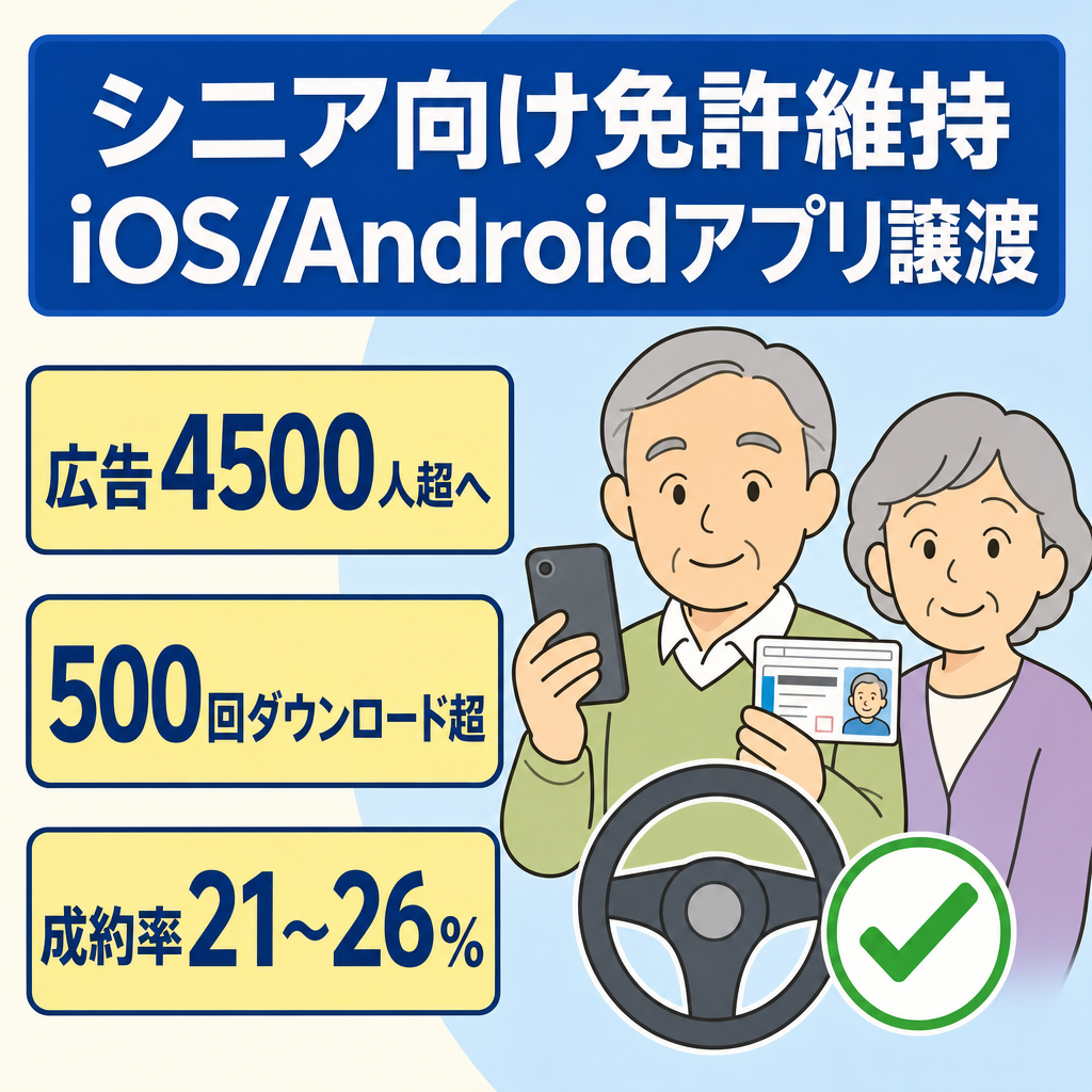 【4500人以上へ自社広告展開可能】高齢ドライバーの免許維持に特化したiOS＆Androidアプリ譲渡