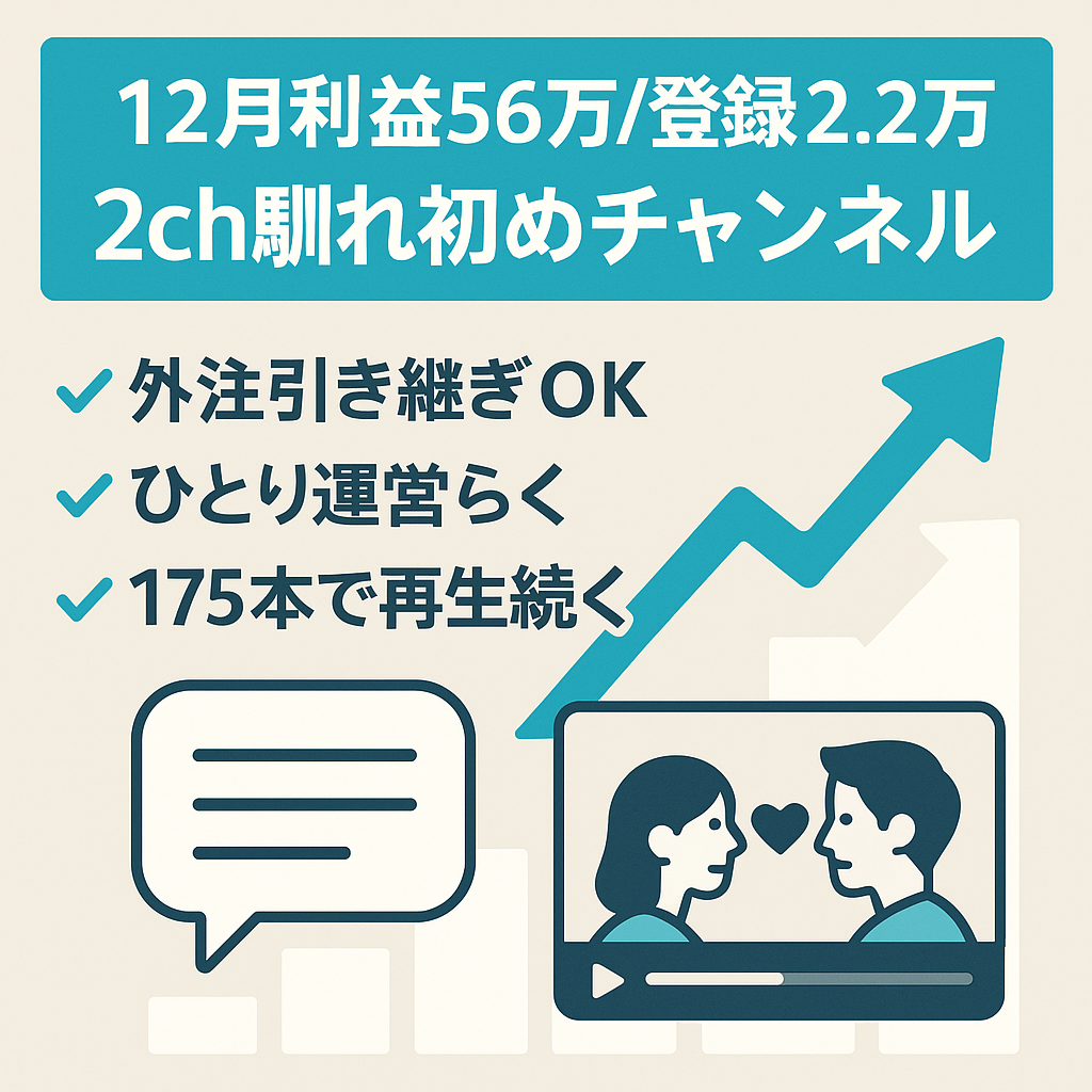 【12月利益約56万円】登録者2.2万人の2ch馴れ初めチャンネル【外注の引き継ぎ可！】