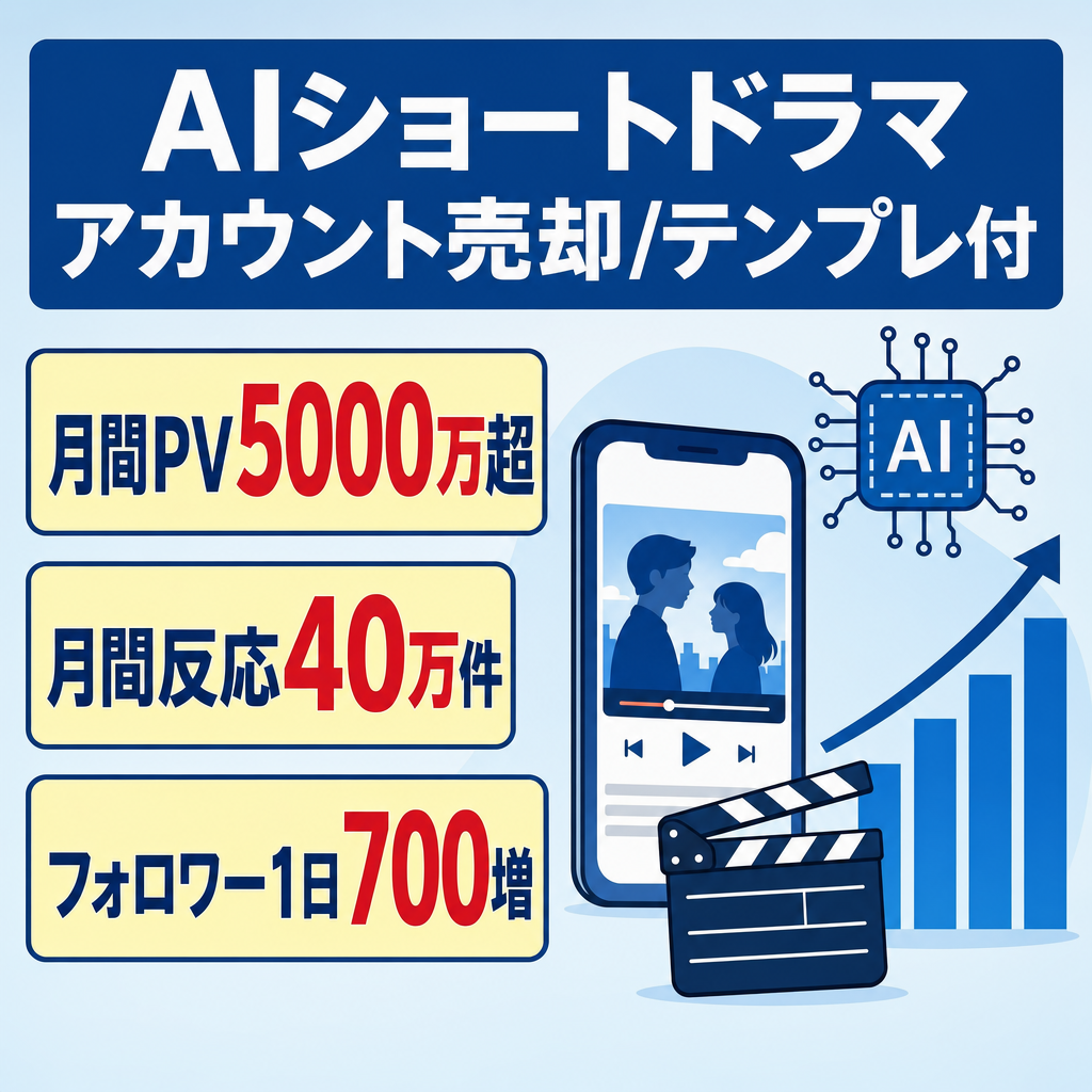 【月間PV5000万以上・平均再生数150万回以上・月間インタラクション40万件以上・FW平均700人増/日】AIショートドラマのアカウント販売/投稿テンプレートも合わせて配布