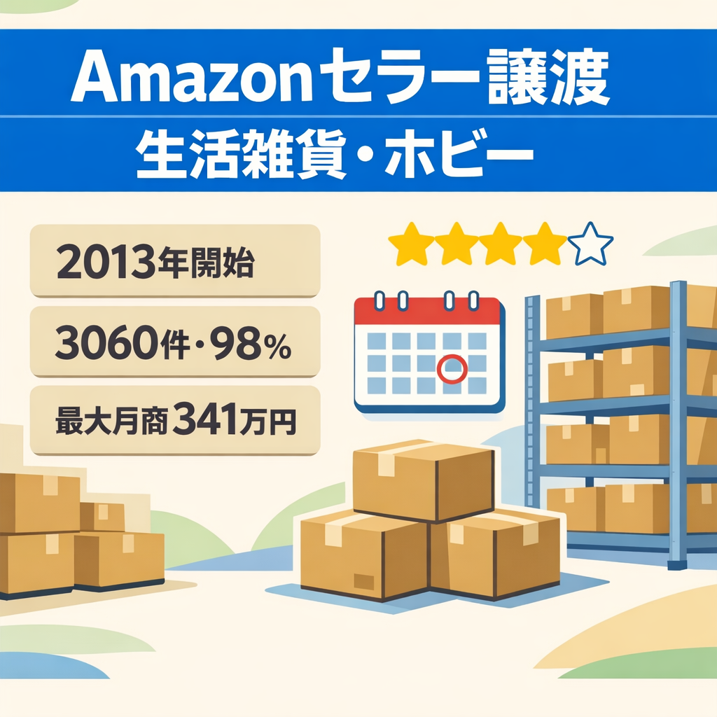 EC事業：【最大月商341万円】Amazonセラー譲渡｜2013年開設｜評価3060件98%｜FBA・大口・ブランド登録｜OEM・型番対応｜生活雑貨・ホビー