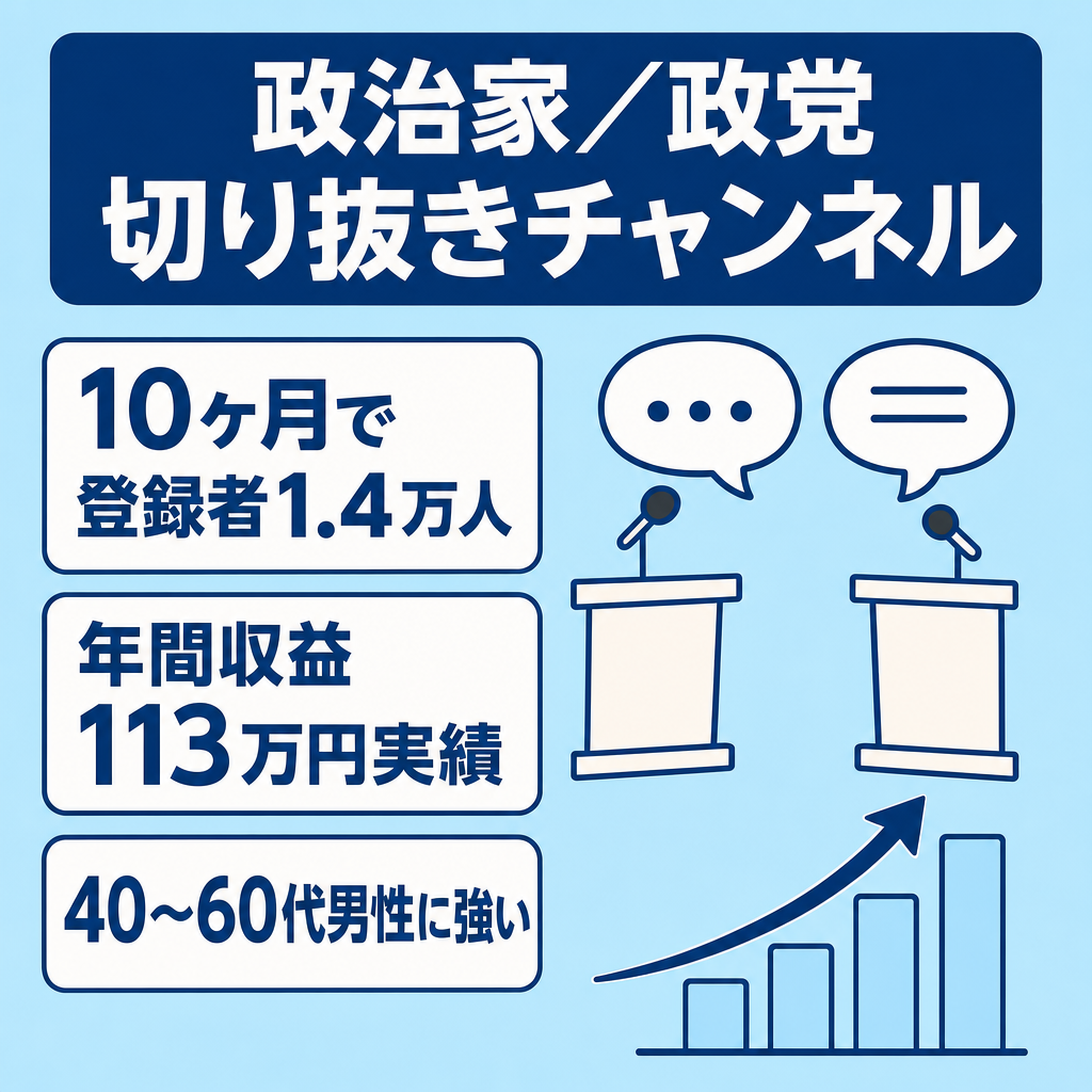【10ヶ月で1.4万人】注目政治家・政党切り抜き｜収益化済・総収益113万円