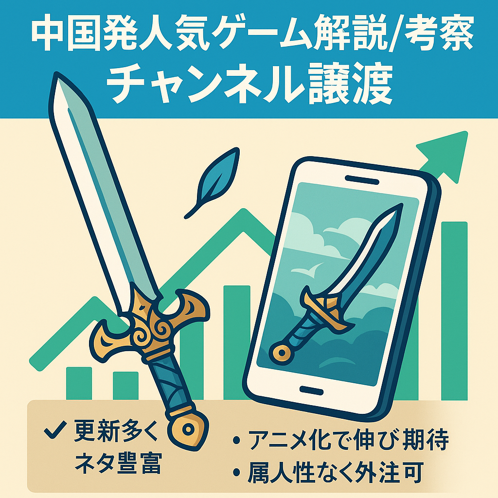 【月利20万前後】中国発の人気ゲームの解説・考察チャンネル譲渡