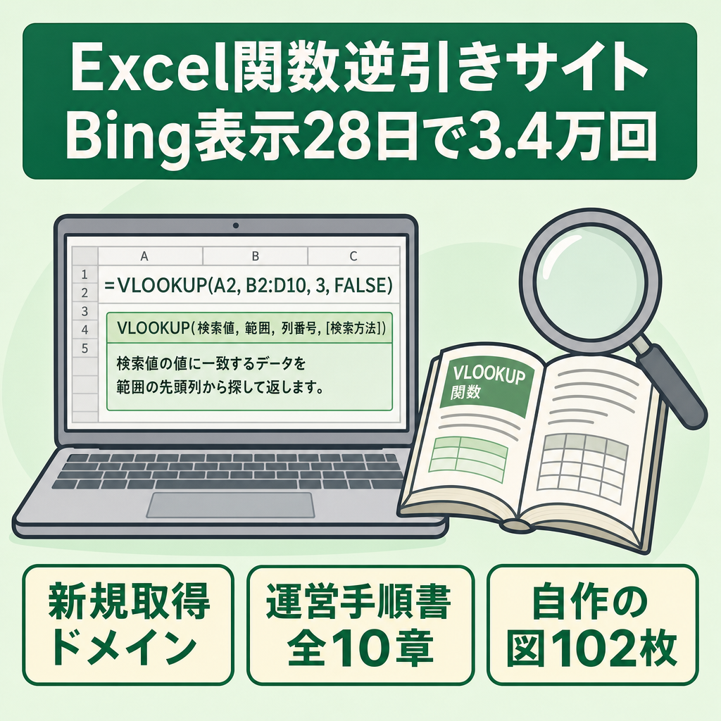 【新規取得ドメイン・運営マニュアル付】Excel関数の逆引き辞典｜自作図102枚・Bing表示 28日で3.4万回