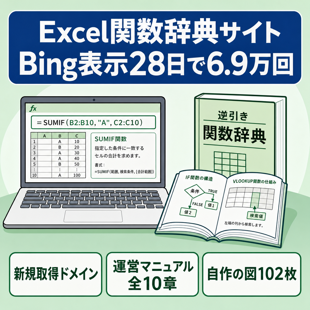 【新規取得ドメイン・運営マニュアル付】Excel関数の逆引き辞典｜自作図102枚・Bing表示 28日で6.9万回