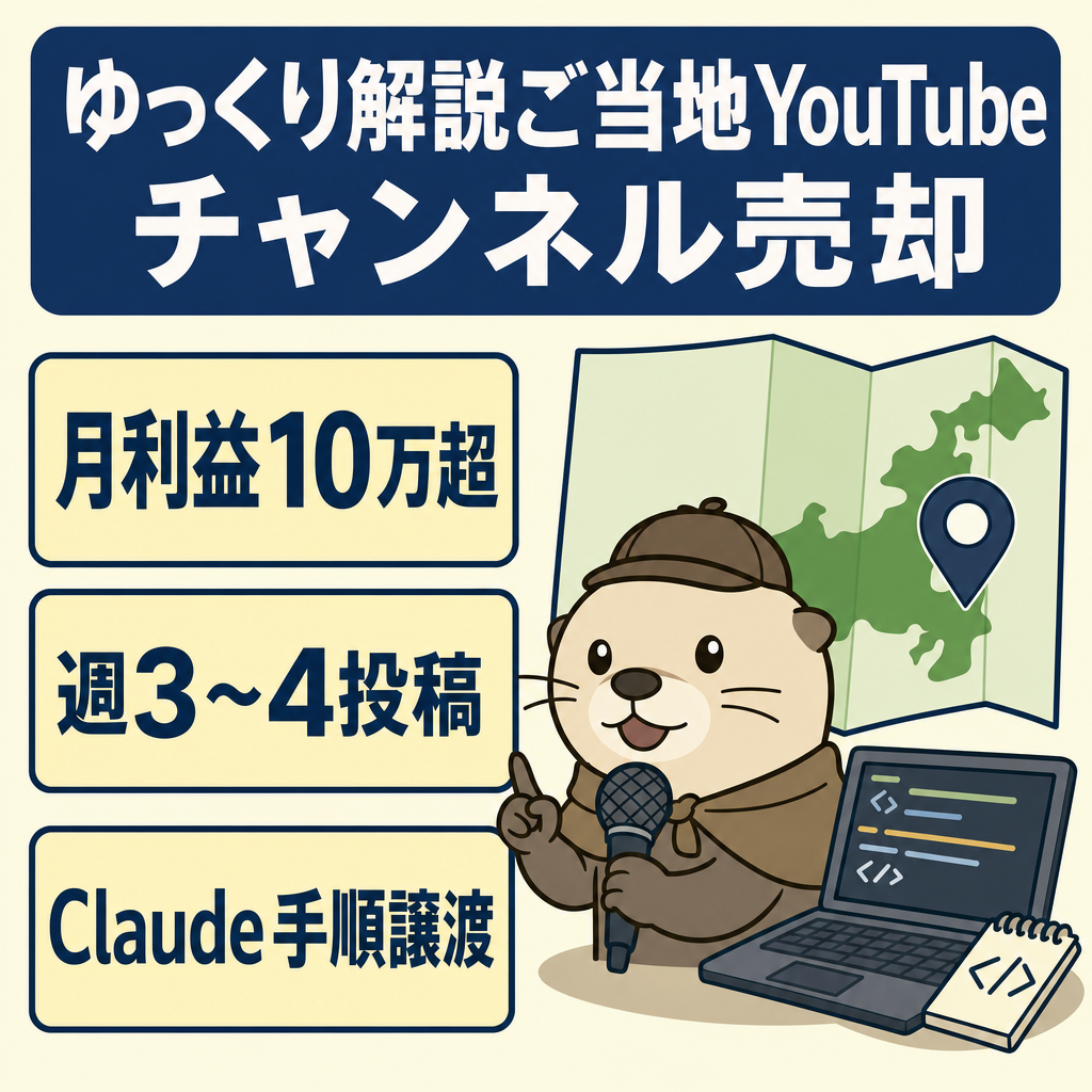 【月利10万以上・Claude Code skill 共有込み】AI活用のゆっくり解説ご当地系YouTube｜AI研修オプションあり / Claude Code 実践の足がかりに