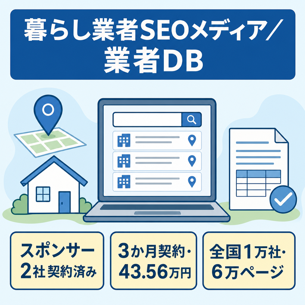 【法人スポンサー2社契約・総額43.56万円】全国1万社超・6万ページDB｜暮らし業者SEOメディア