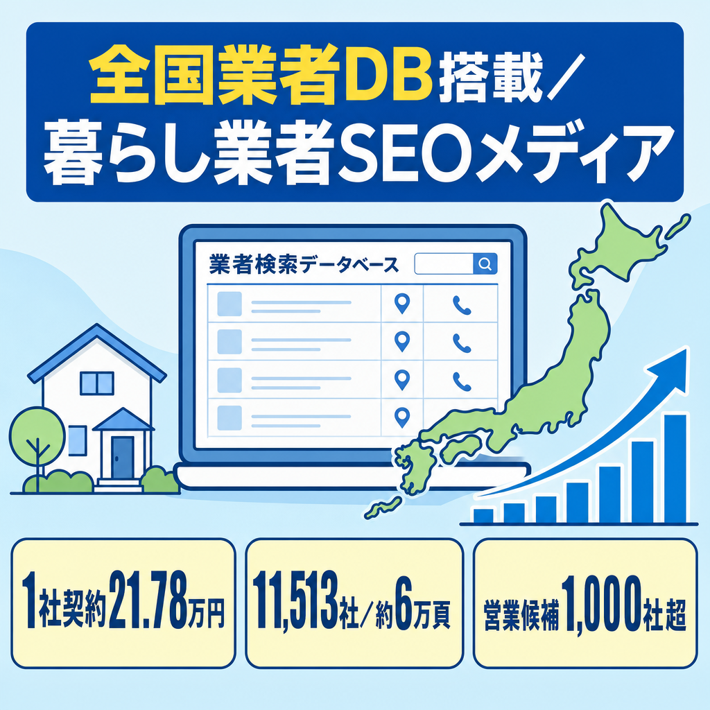 【法人スポンサー1社・21.78万円契約】全国1万社超・6万ページDB｜暮らし業者SEOメディア