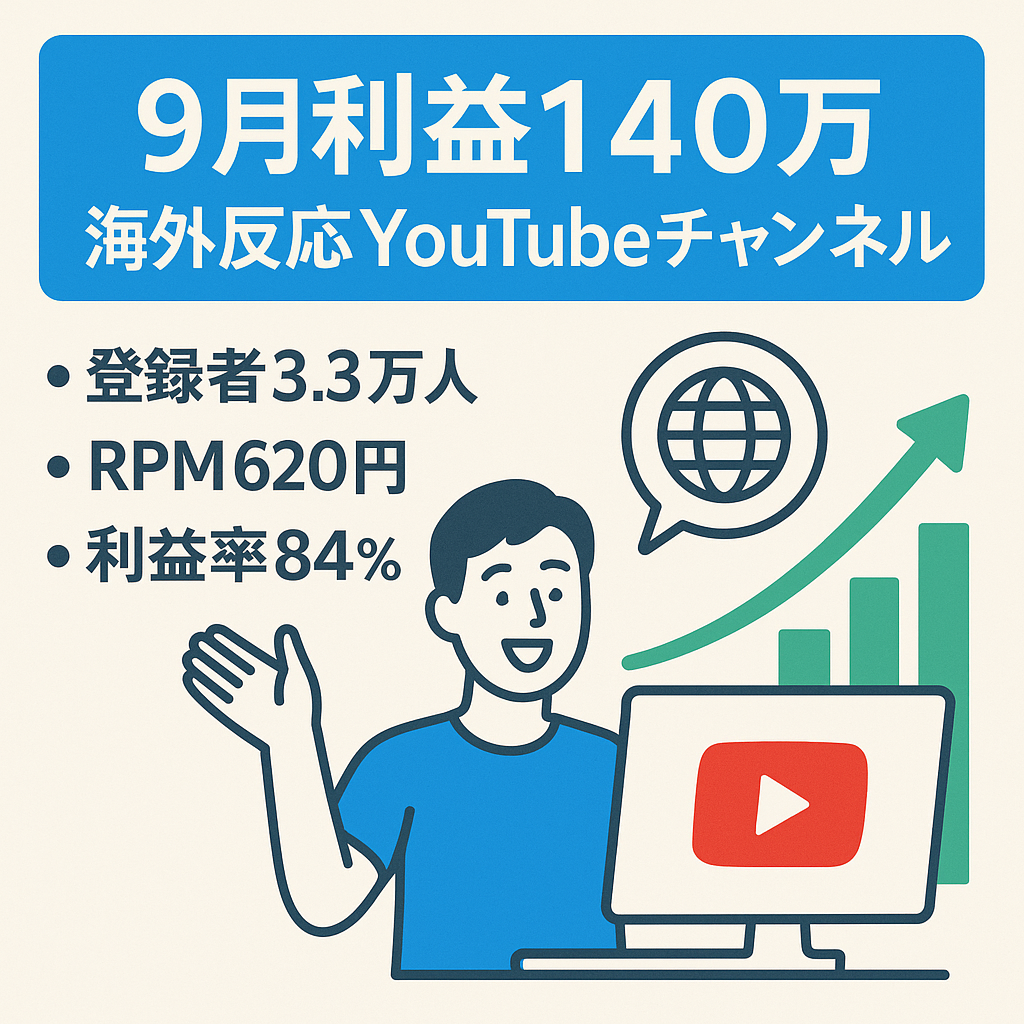 【9月利益 140万円超え!!! RPM620円!!!】安定の海外の反応系ジャンル・登録者3.3万人