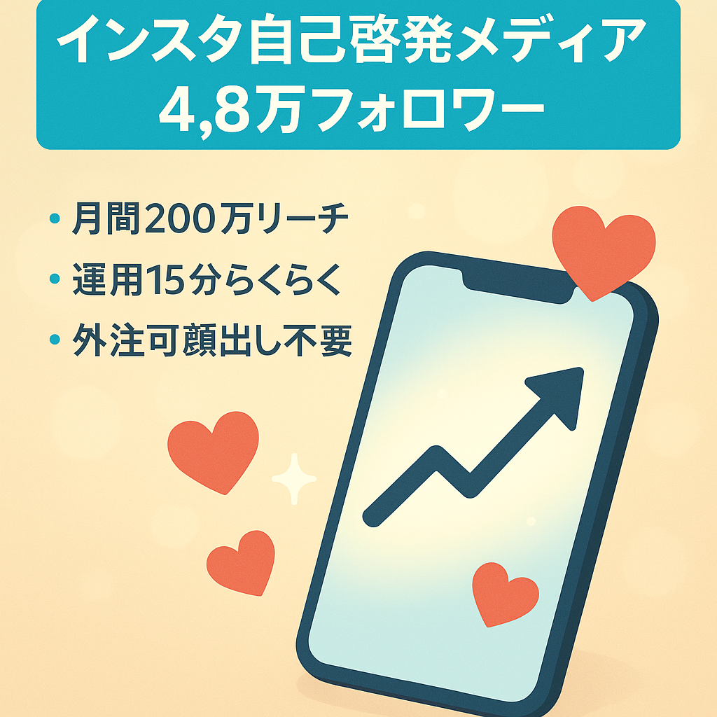 【インスタグラム フォロワー4.8万人 | 売上実績あり|】属人性なし・自己啓発系メディア、月間リーチ200万以上、運用15分＆外注化可能