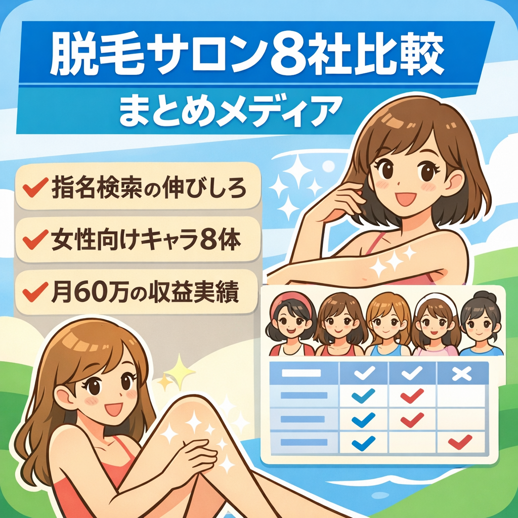 【脱毛サロンまとめメディア】8社比較記事＆オリジナルの女性イメージキャラクター付き