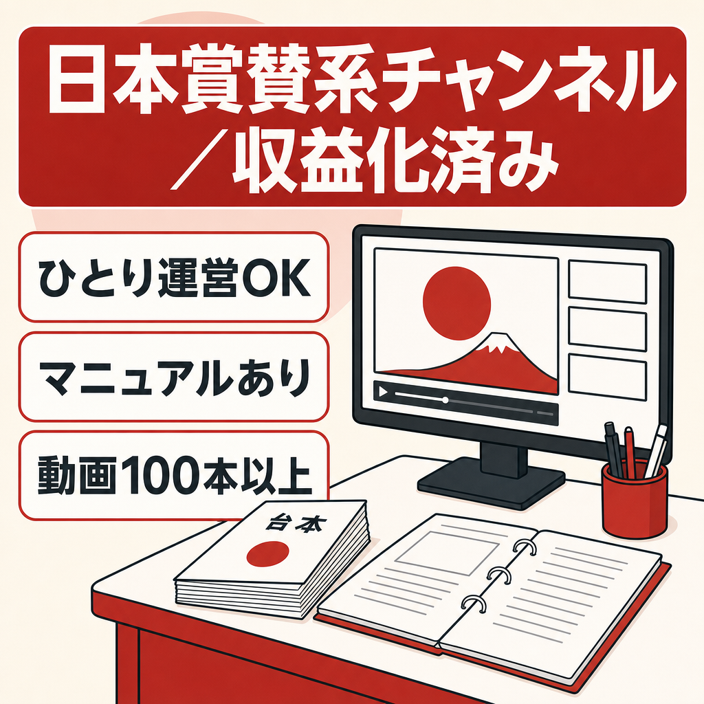 日本賞賛系チャンネル　非属人/マニュアル有/収益化済み/100本以上資産付き