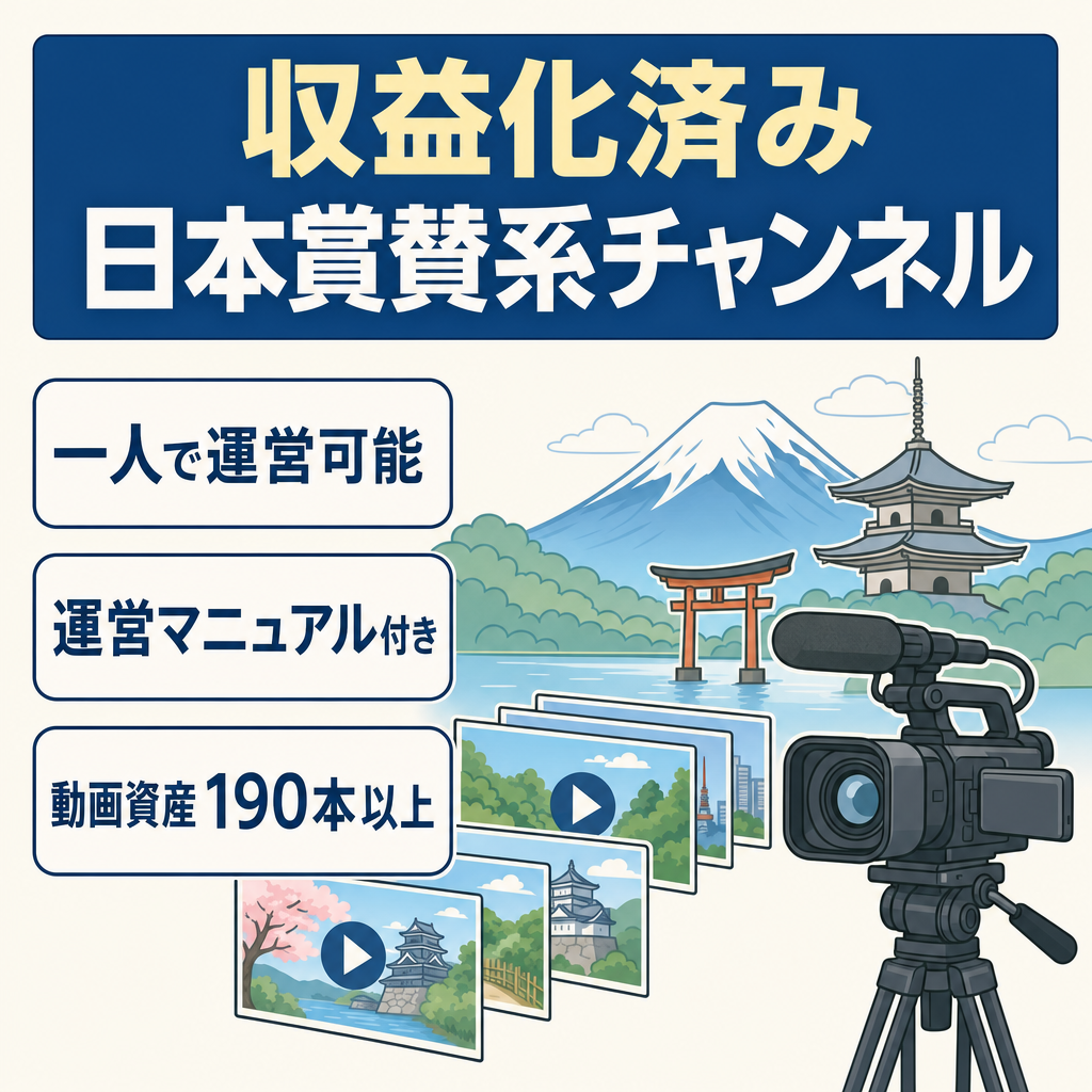 日本賞賛系チャンネル　非属人/マニュアル有/収益化済み/190本以上資産付き