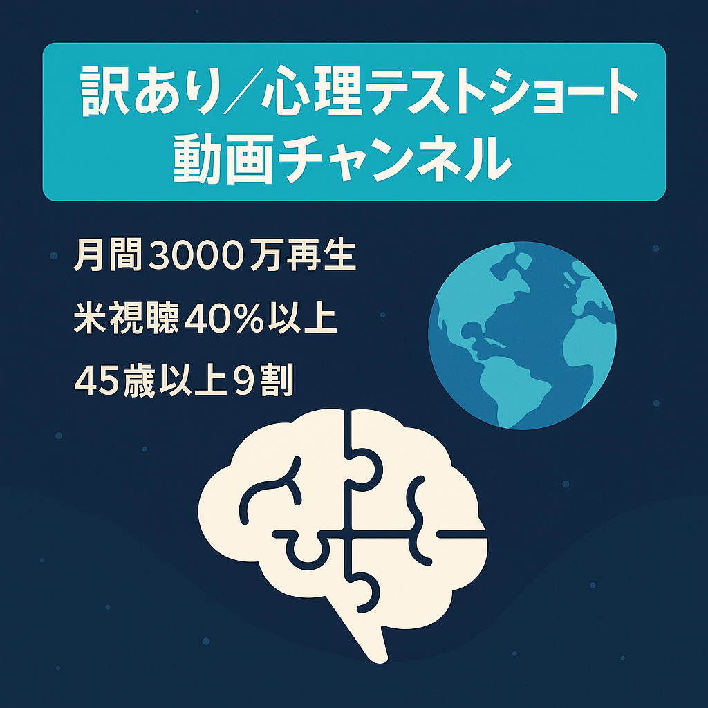 訳あり：【海外45歳以上の登録者4万人】月間3000万再生 心理テストショート動画チャンネル 収益化条件達成済み ※収益化審査にて「否認」