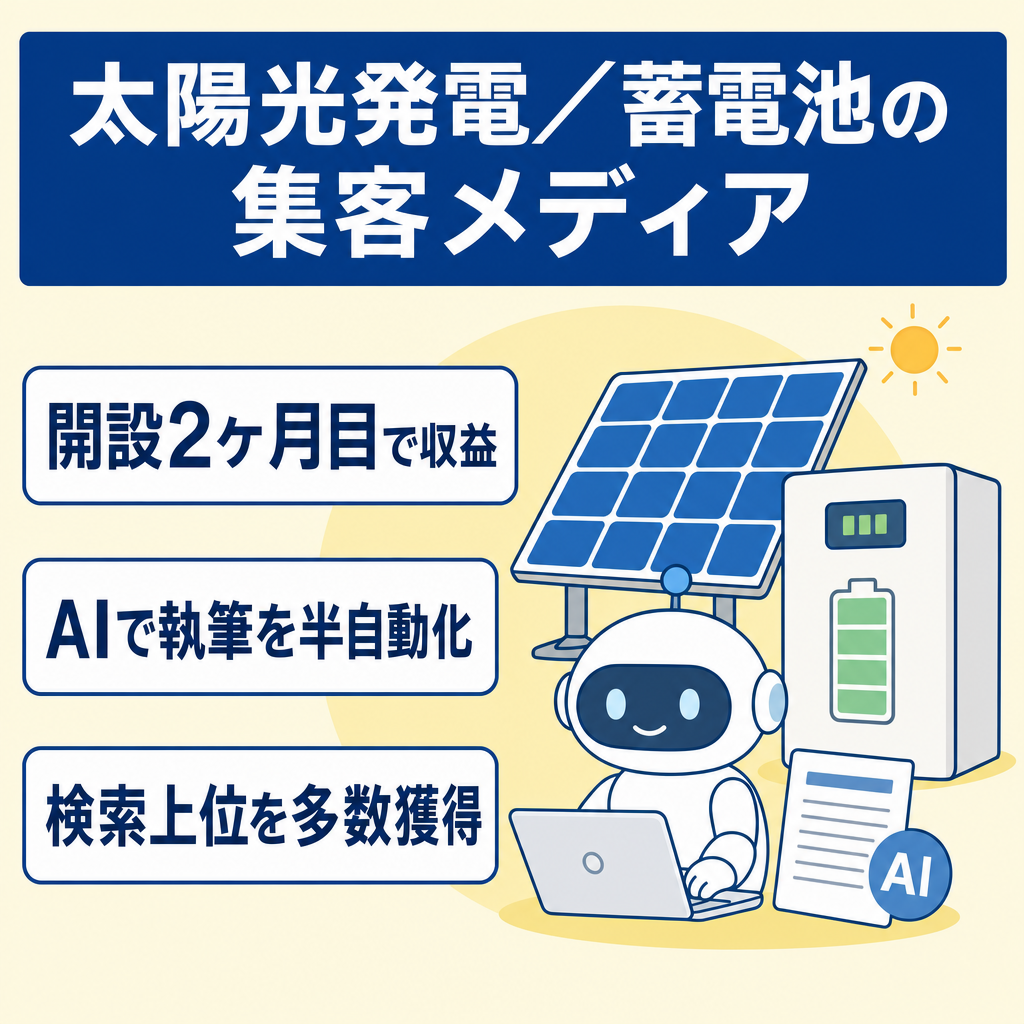 【開設後2ヶ月目で収益発生】太陽光発電・蓄電池特化の集客用SEOメディア｜AIで記事作成を半自動化