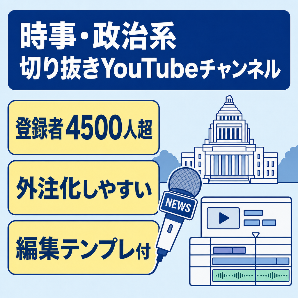 【登録者4,500人↑】非属人/顔・声出し撮影一切不要/外注化可能/切り抜きYouTubeチャンネル(時事・政治系)