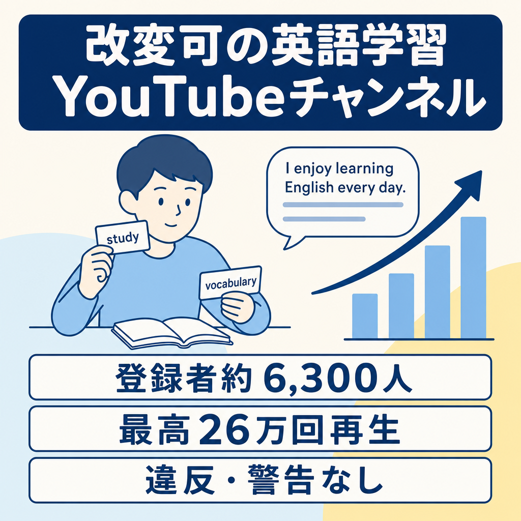 【違反・警告なし】登録者約6300人 過去最高再生数26万回・改変可の英語学習Youtubeチャンネル