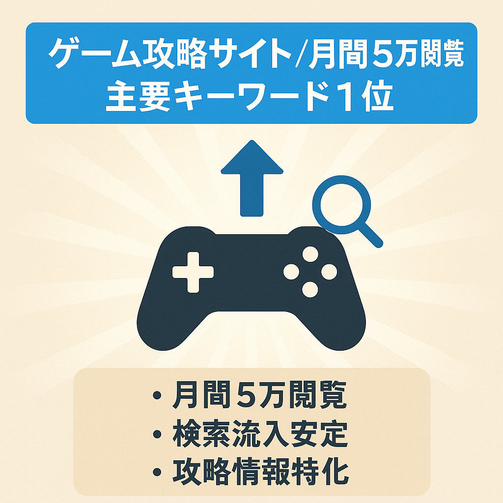 ゲーム攻略サイト：月間5万pv・主要kwd上位１位（2面取り）