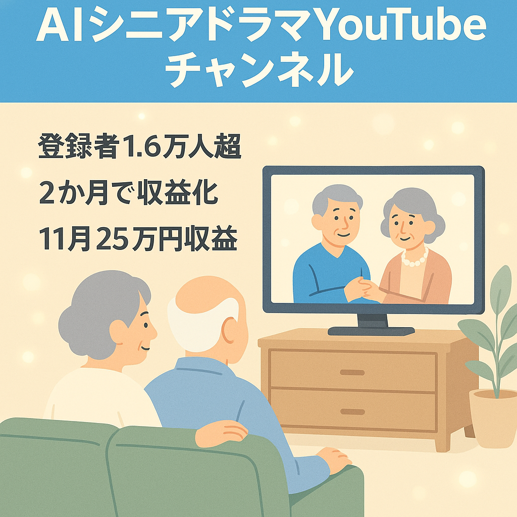【登録者1万6千人越え】AIシニア向けドラマのYouTubeチャンネル【1再生当たり0.4～0.6円】【2ヶ月で収益化成功】【11月投稿14本で25万円の収益】