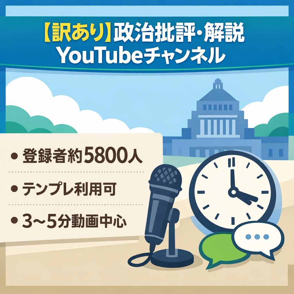 【訳あり】 登録者約５８００人 / 動画初投稿翌月で月収３８万円！政治批評・解説youtubeチャンネル