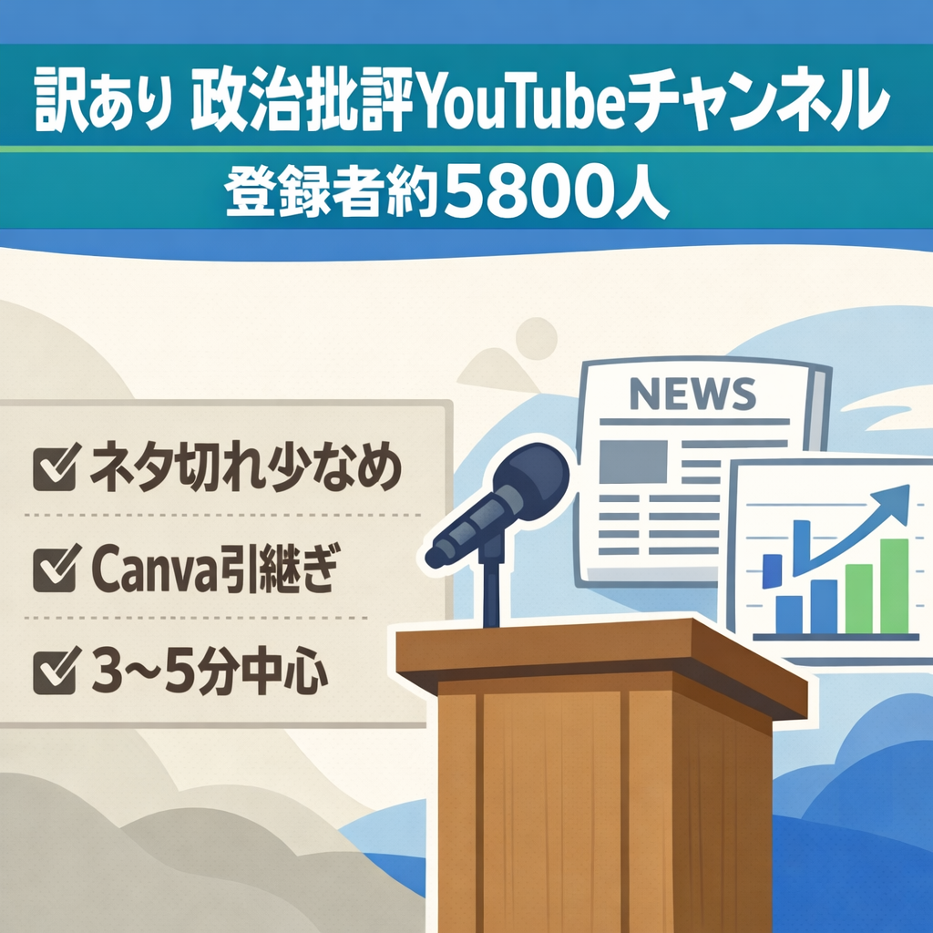 【訳あり】 登録者約５８００人 / 動画初投稿翌月で月収３８万円！政治批評・解説系youtubeチャンネル