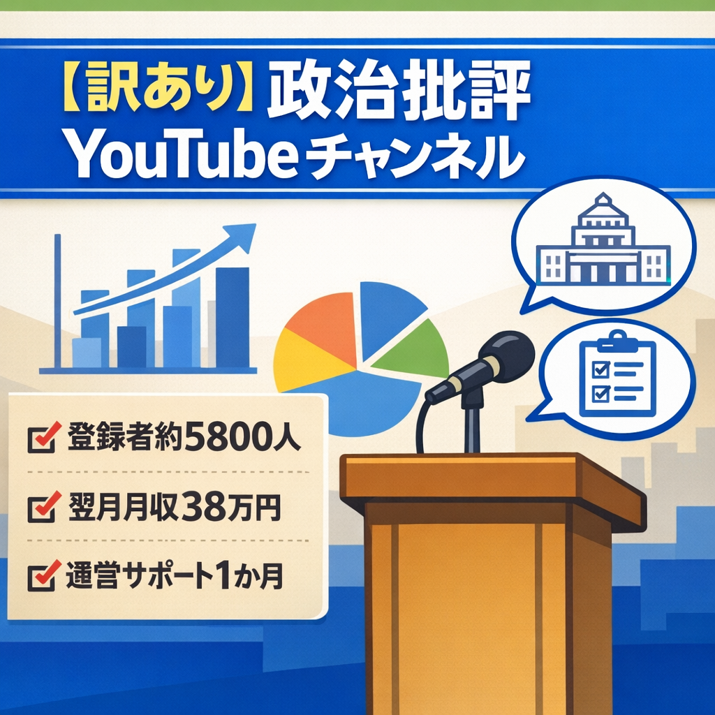 【訳あり】 登録者約５８００人 / 動画初投稿翌月で月収３８万円！政治批評・解説系youtubeチャンネル