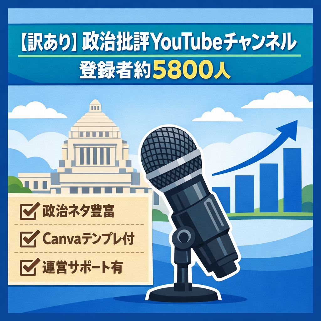 【訳あり】 登録者約５８００人 / 動画初投稿翌月で月収３８万円！政治批評・解説系youtubeチャンネル