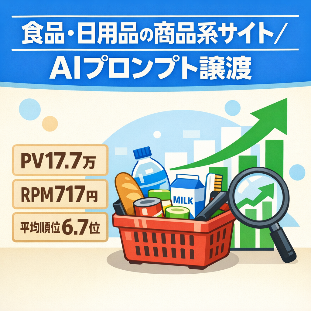 【1月12.7万円/PV17.7万/RPM717】食品・日用品など商品系サイト│物販アフィと相性◎｜AIプロンプト譲渡
