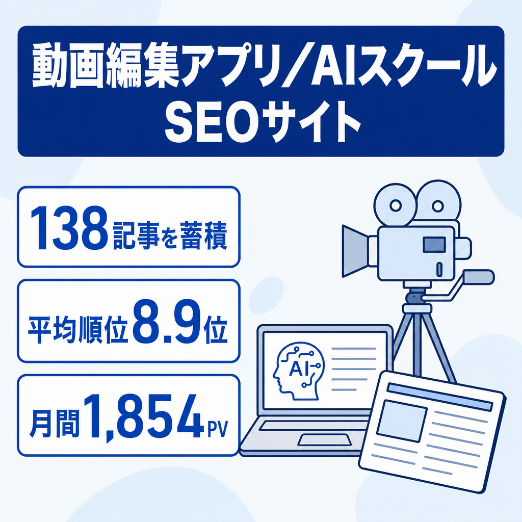 【金額交渉可能】動画編集・AIスクール・編集アプリ特化！138記事・平均掲載順位8.9位