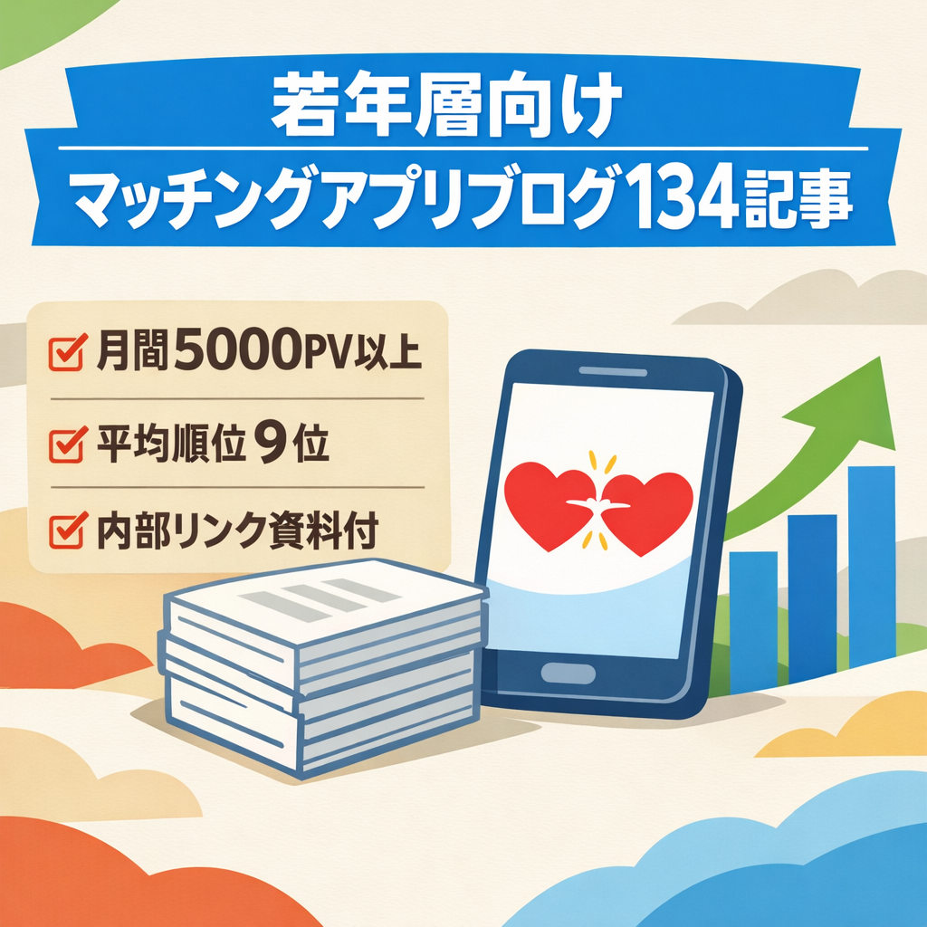 【月5000PV！】若年層向けマッチングアプリ特化ブログ/134記事【平均検索順位9位】