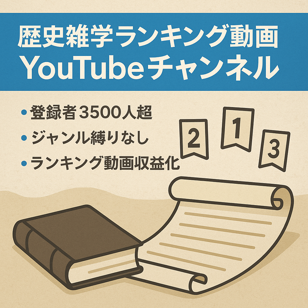 【訳あり】チャンネル登録者数3800人以上・ランキング動画(横スクロール動画)を含めた歴史系雑学チャンネル(歴史系以外も投稿しています)