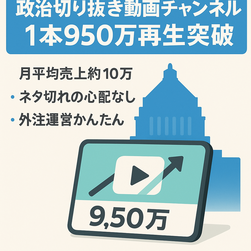 【政治系切り抜き】１動画９５０万再生突破！８か月更新なし５月既に１０万円以上の売り上げ。属人性無し。完全外注可能。