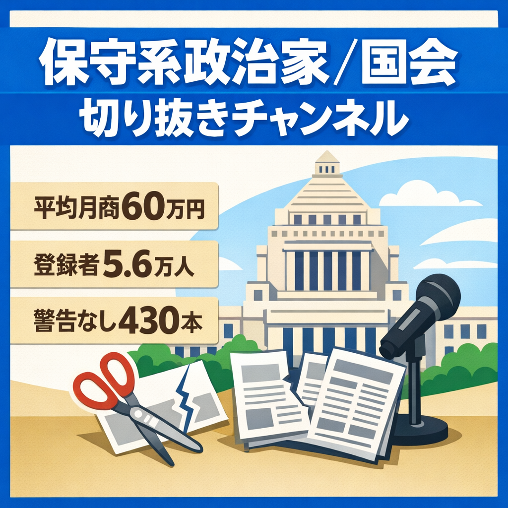 【直近6ヶ月平均月商60万円/ 登録者数56,000人】保守系政治家及び国会の切り抜きチャンネル