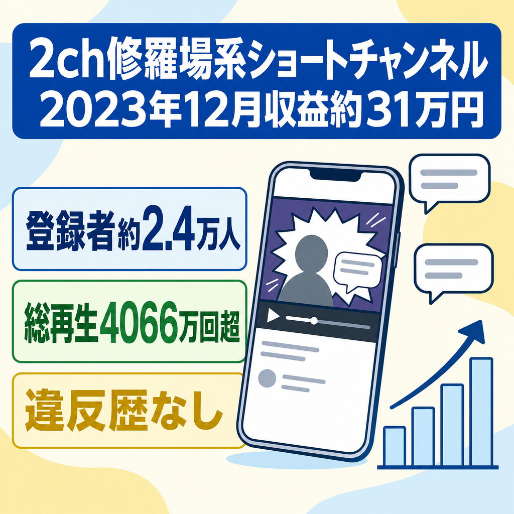 【収益化済/高品質！】登録者約2.4万人！2023年12月に最高月収約31万円！2ch修羅場系YouTubeショート動画チャンネル