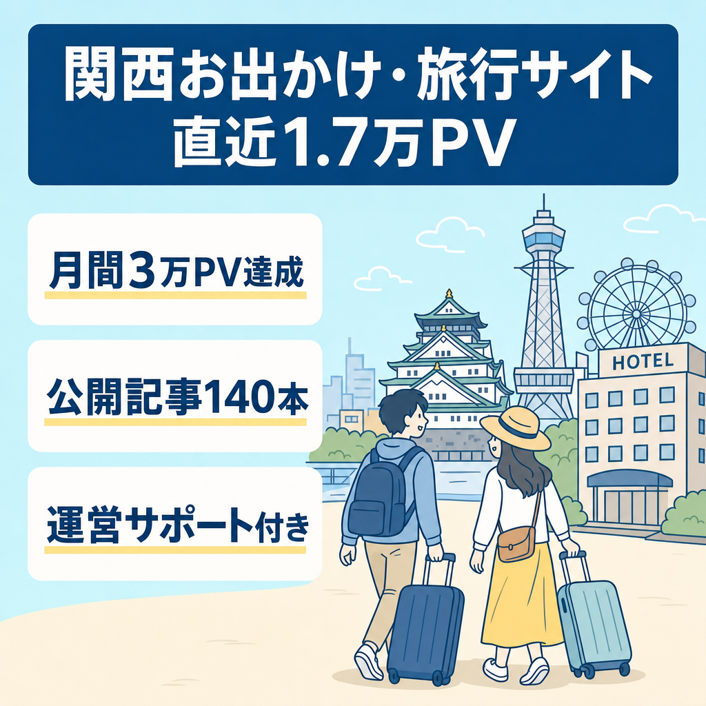 【140記事・直近1.7万PV】関西特化のお出かけ・旅行サイト！女性一人旅＆ホテル情報で集客中