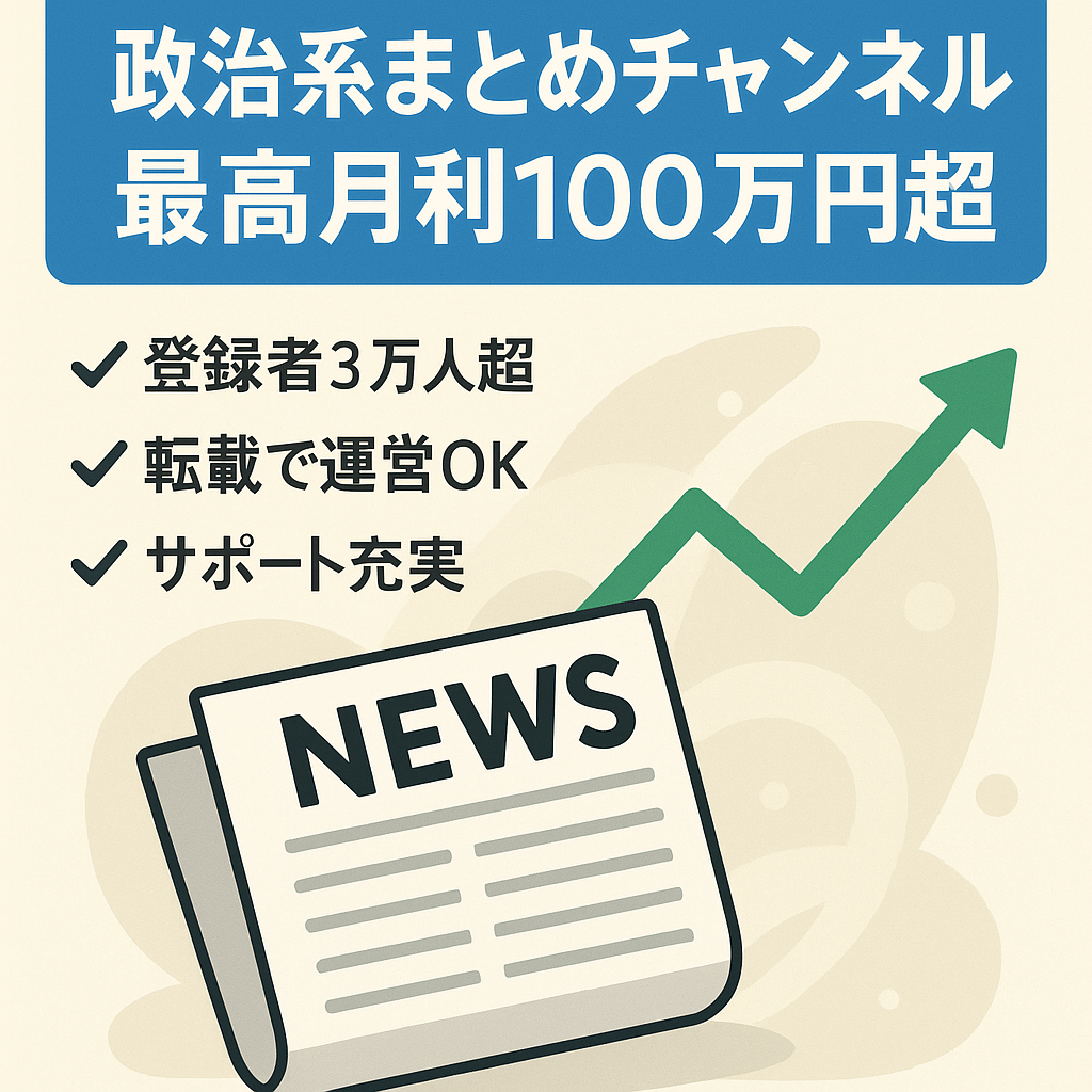 【最高月利100万越え】政治系まとめチャンネル（10/7時点で収益50万円越え/非属人/手厚いサポートあり）