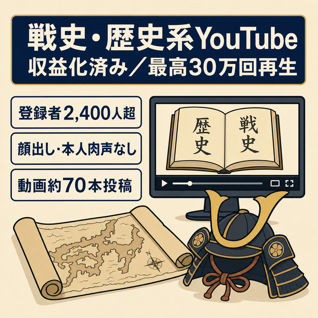 【収益化済み・最高再生回数30万回】登録者2,400人超｜戦史・歴史系YouTube｜顔出し・本人の肉声なし