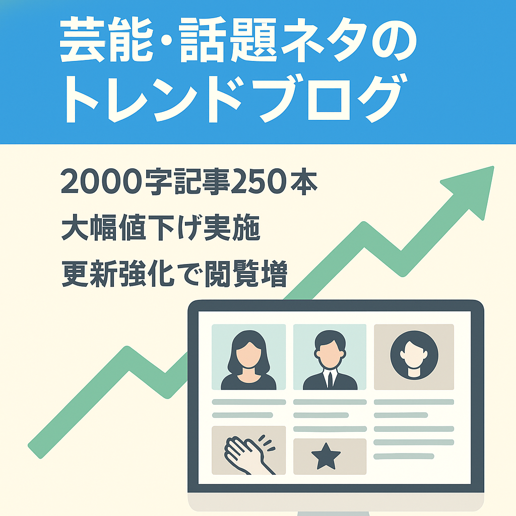 【大幅値下げ】芸能人・作家や話題の人など中心の長期ネタ多数のトレンドブログ