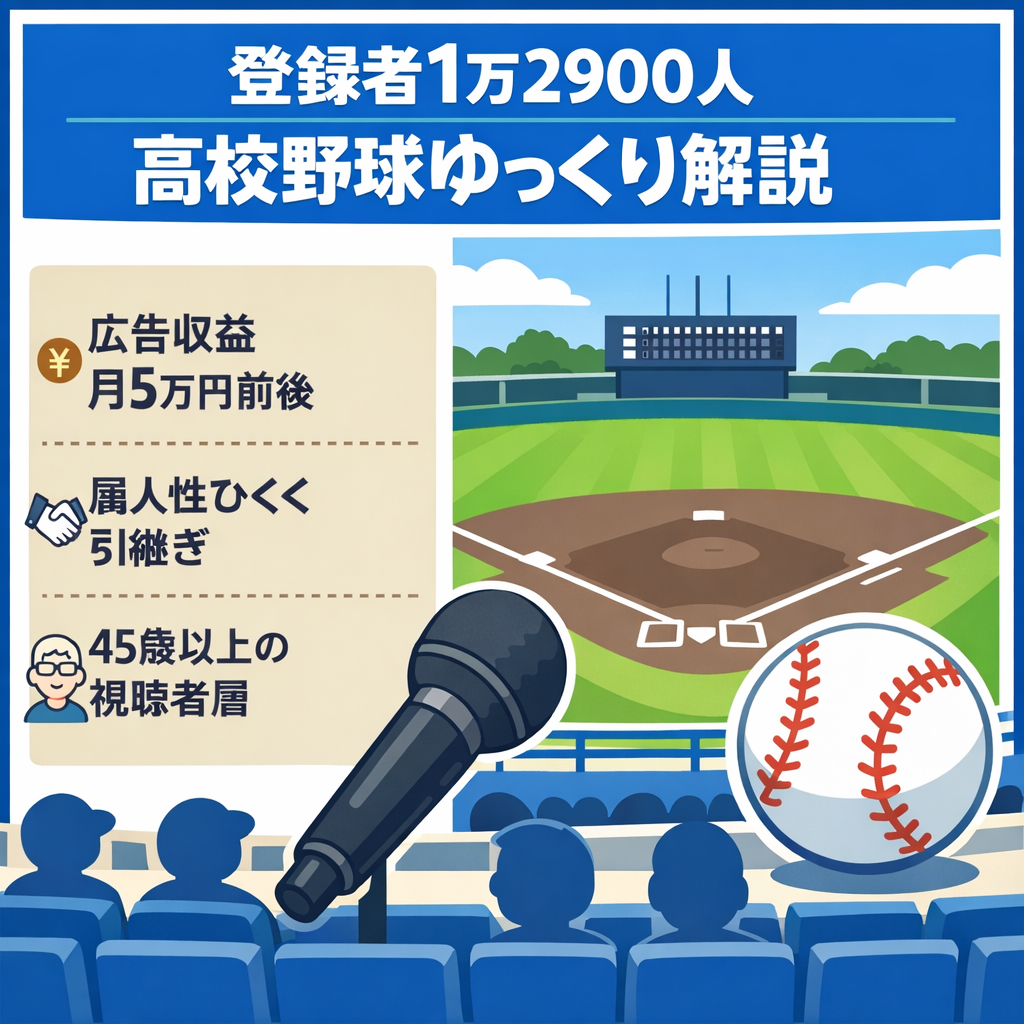登録者12,900人｜高校野球ゆっくり解説｜月平均5万円強・属人性低く引継ぎ