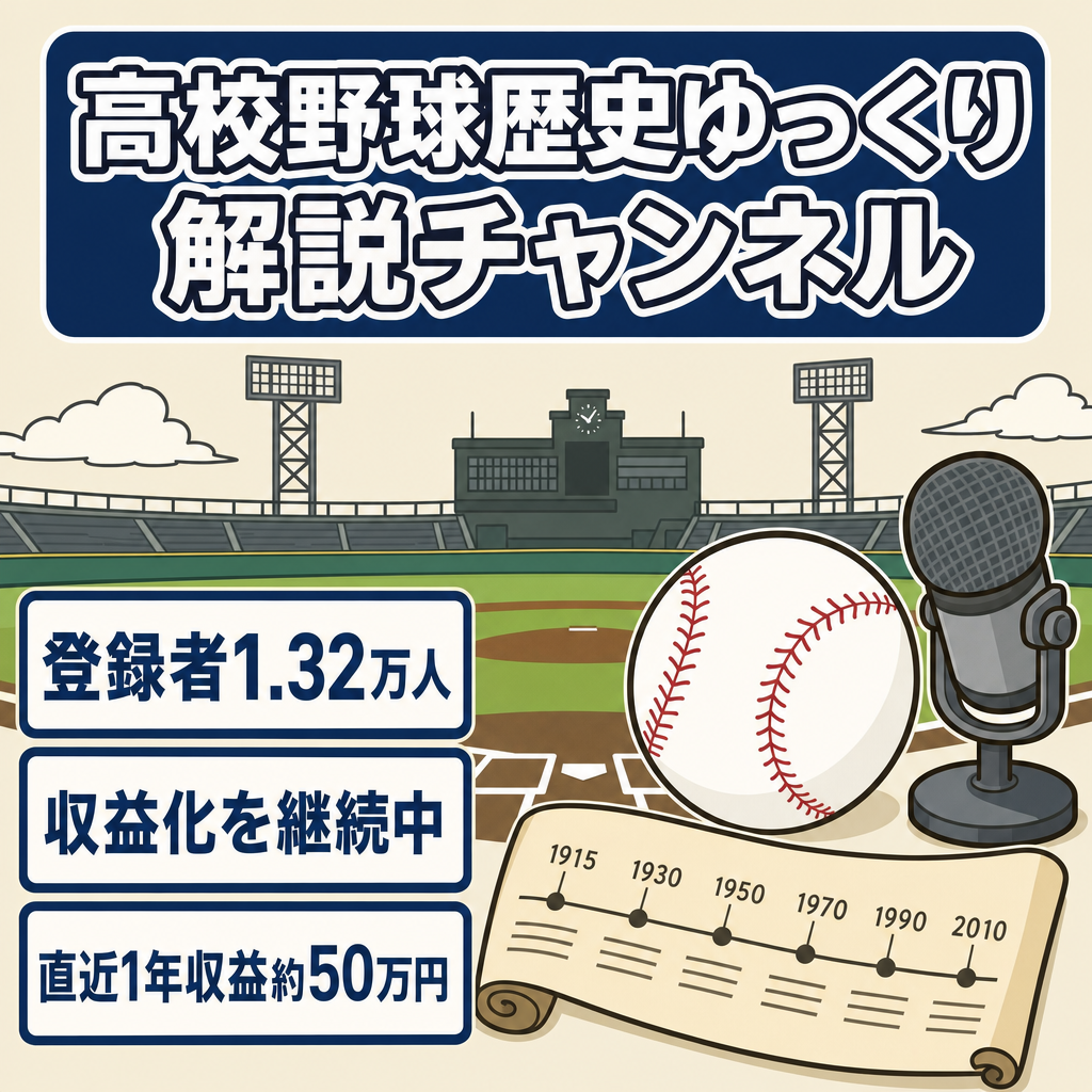 【収益化済み】登録者13,200人｜高校野球歴史ゆっくり解説｜直近1年間の収益約50万円｜