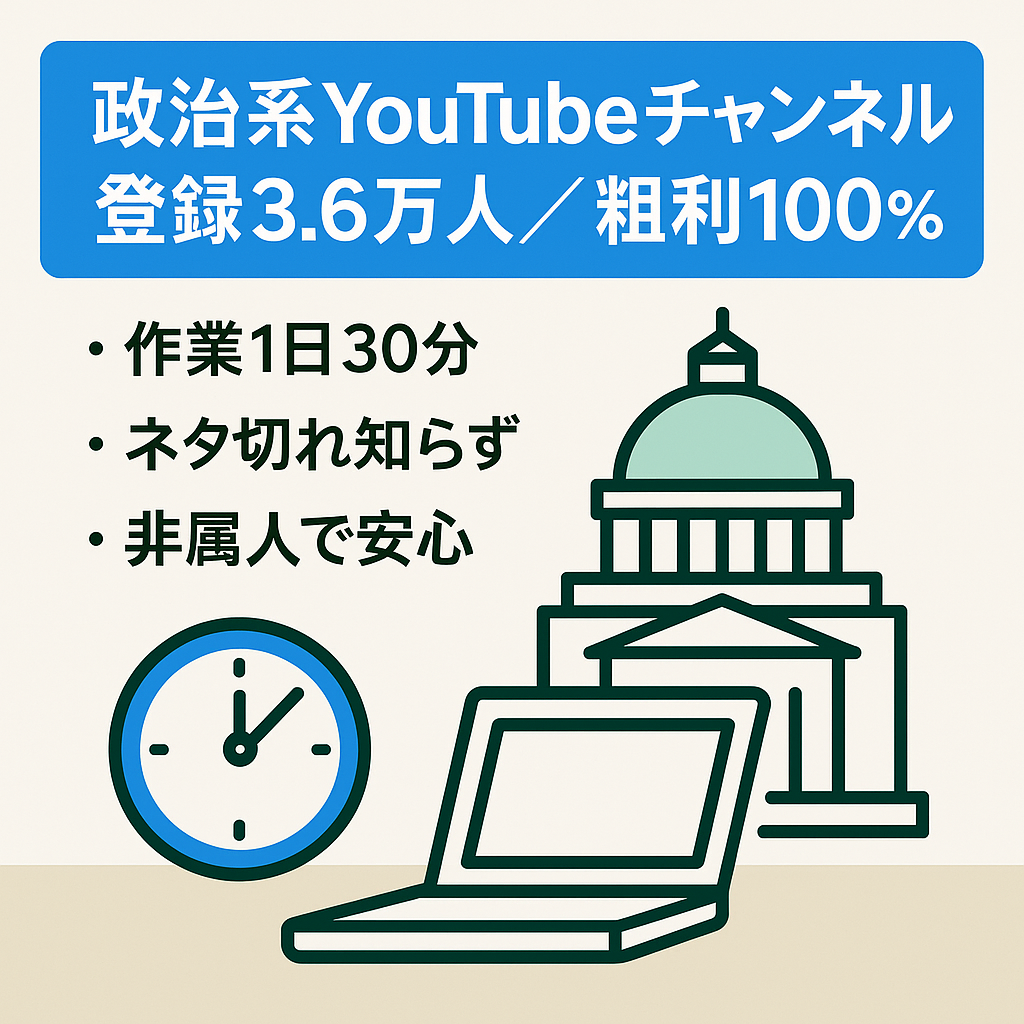 【編集1日30分！】ネタに困らない政治系 / 登録者数3.6万人 / 粗利率100% / 非属人なのでマネしやすい