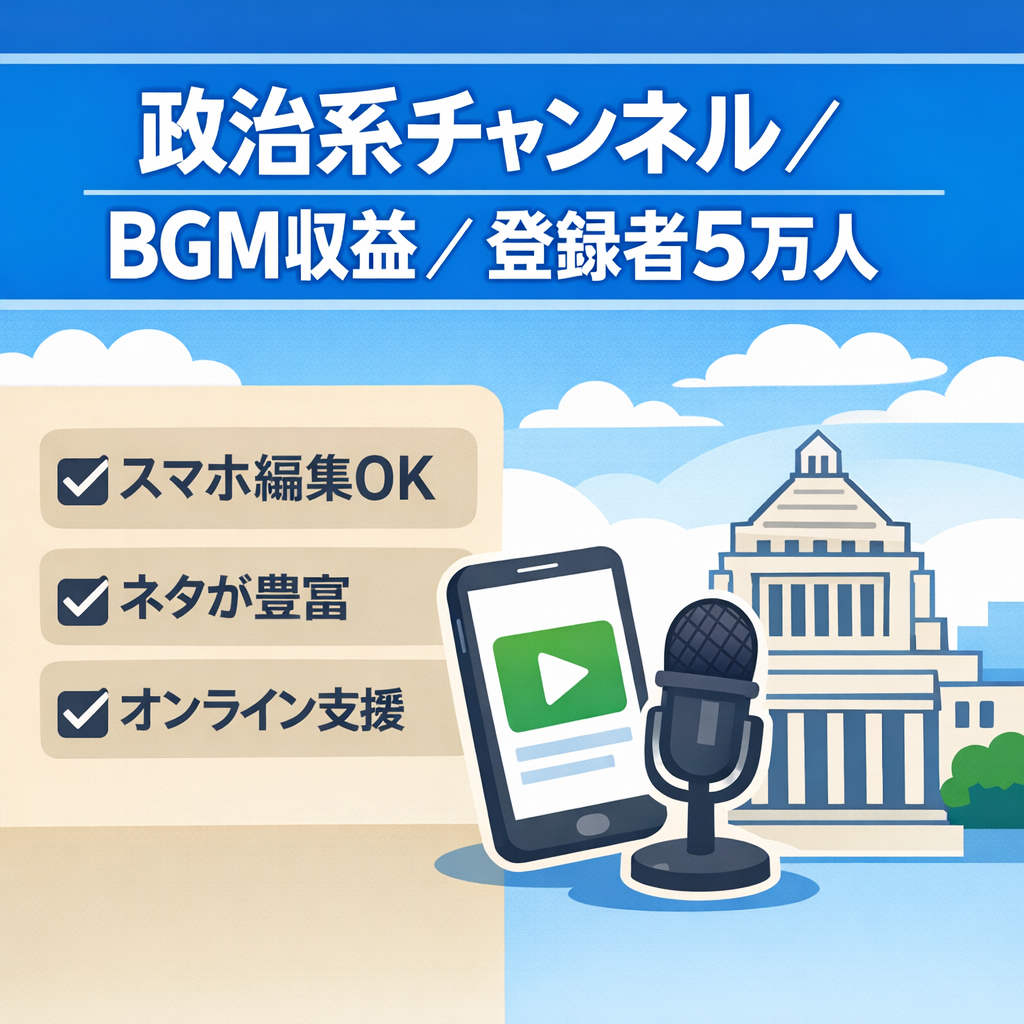 【BGM収益付き】非属人の政治系 / 登録者数5万人 / オンラインでサポート