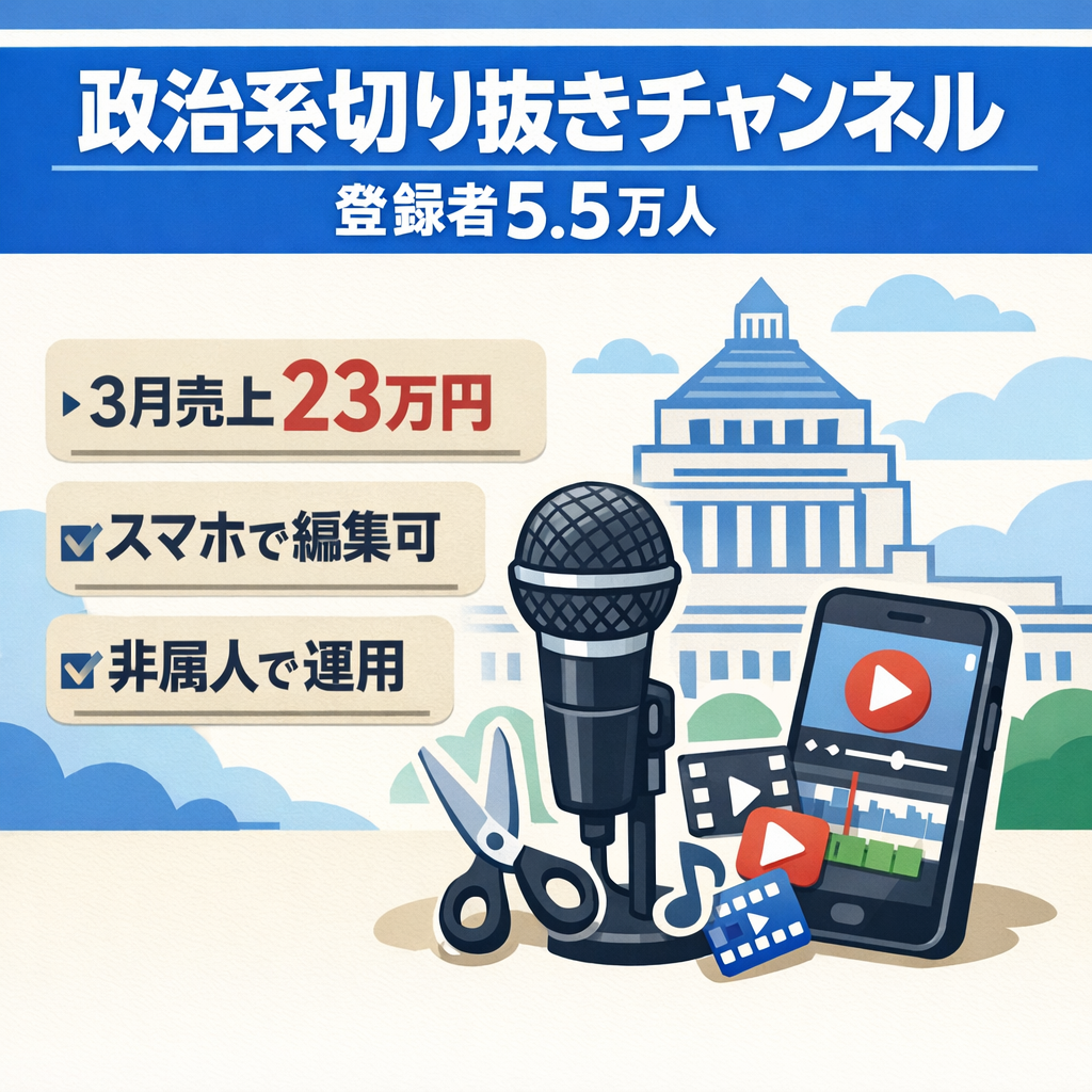 切り抜き：【登録者5.5万人】非属人の政治系 / 3月売上23万円/ 毎月収益増加傾向/値下げ中