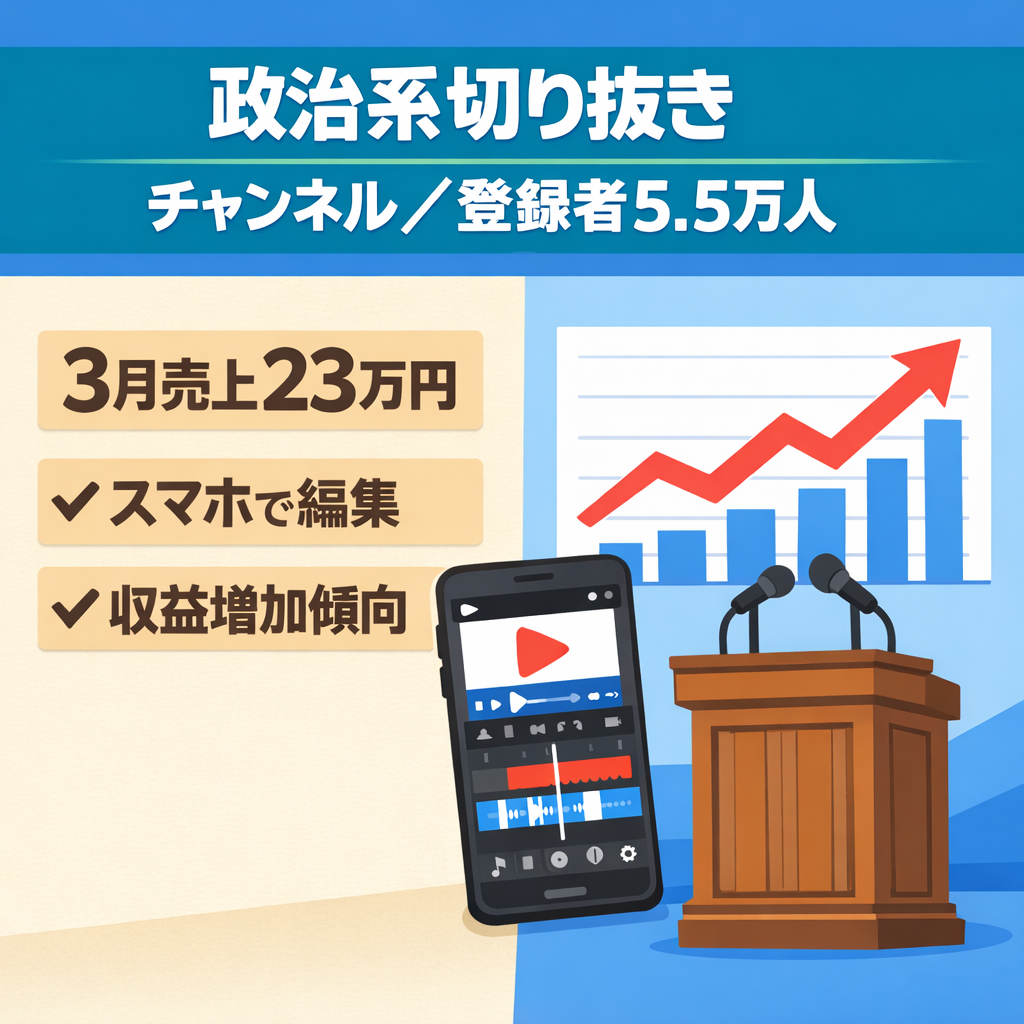 切り抜き：【登録者5.5万人】非属人の政治系 / 3月売上23万円/ 毎月収益増加傾向/4月まで値下げ中