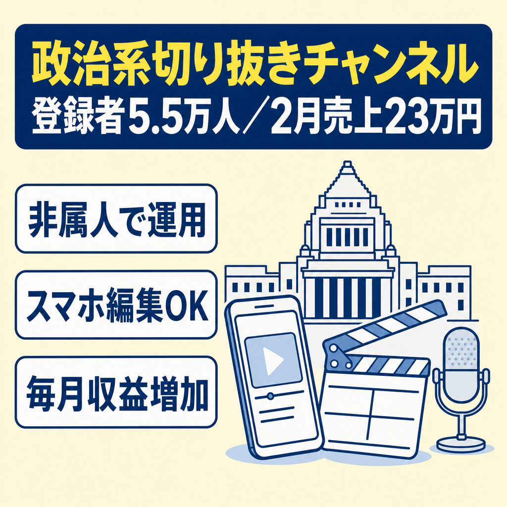 切り抜き：【登録者5.5万人】非属人の政治系 / 2月売上23万円/ 毎月収益増加傾向/4月まで値下げ中
